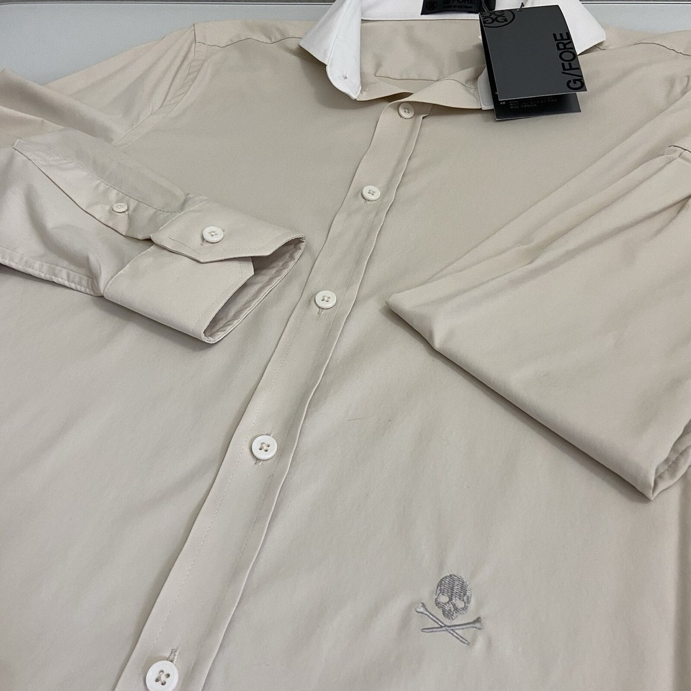G/FORE Long Sleeve Dress Shirt Button Front Skull Tee G4 Men's Golf Size S Stone